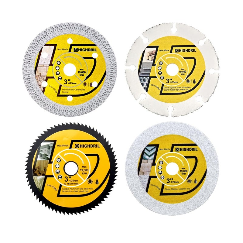 HIGHDRIL 3" 75mm Circular Saw Blade Set 4pcs - Diamond/HSS/Carbide Cutting Disc for Angle Grinder Cutting Soft Metal Copper Aluminum Tile Marble Granite Plastic Wood Glass - Image 1